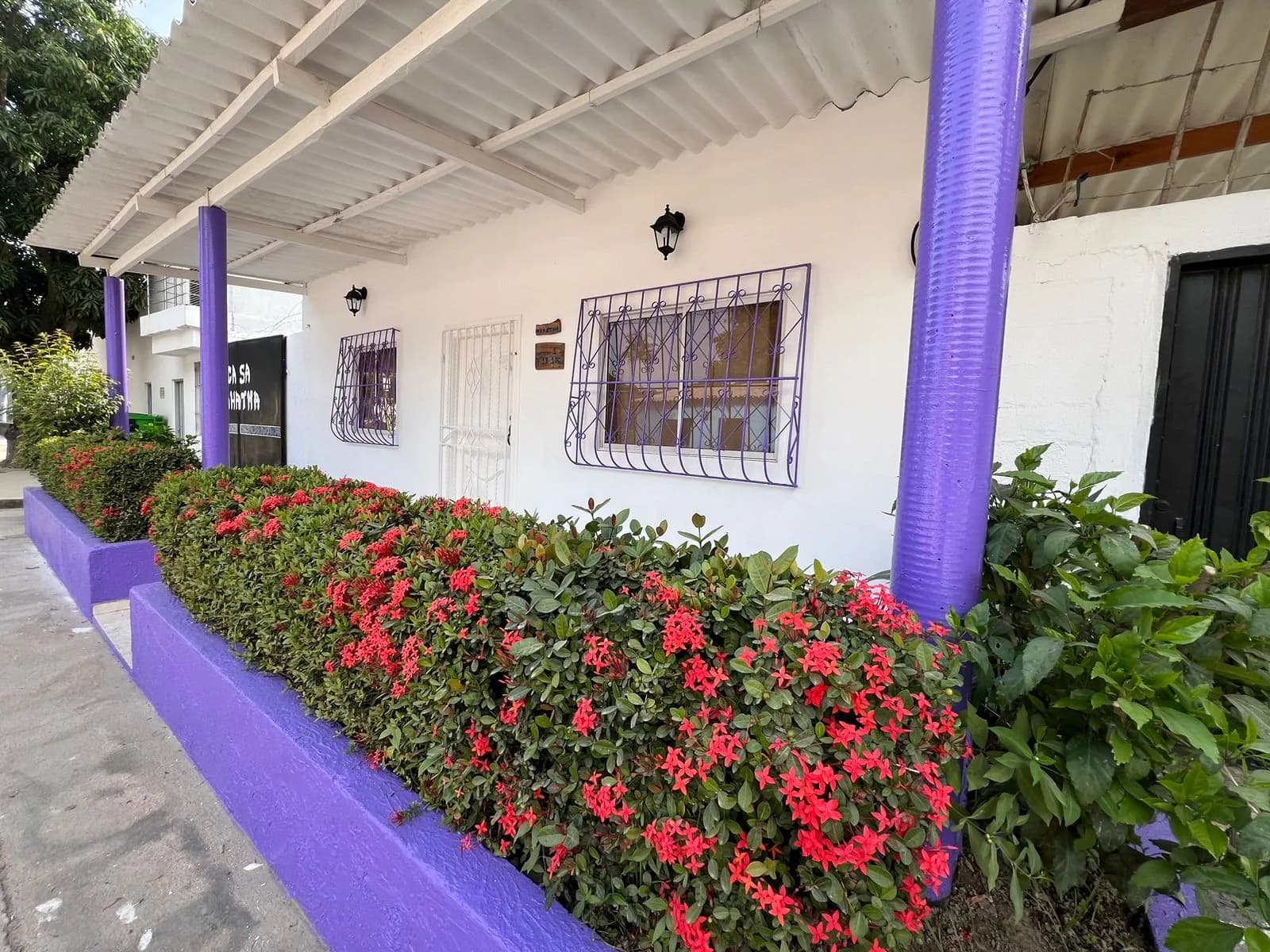 Terraza frontal de Casa Mahatma con buganvilias